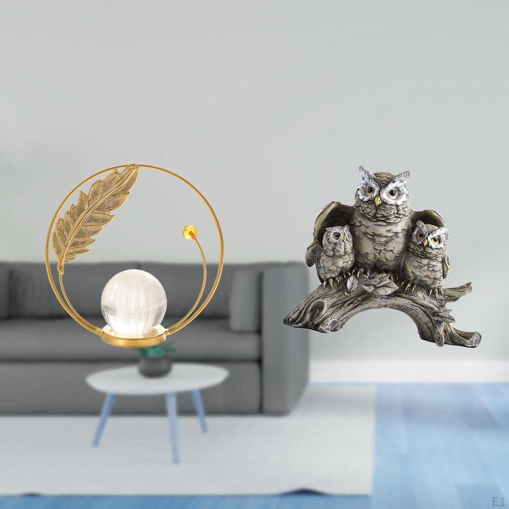 Crystal Owl Ball Metal Sculpture Figurine Desk Tabletop Ornament Statue Stand for Living Room