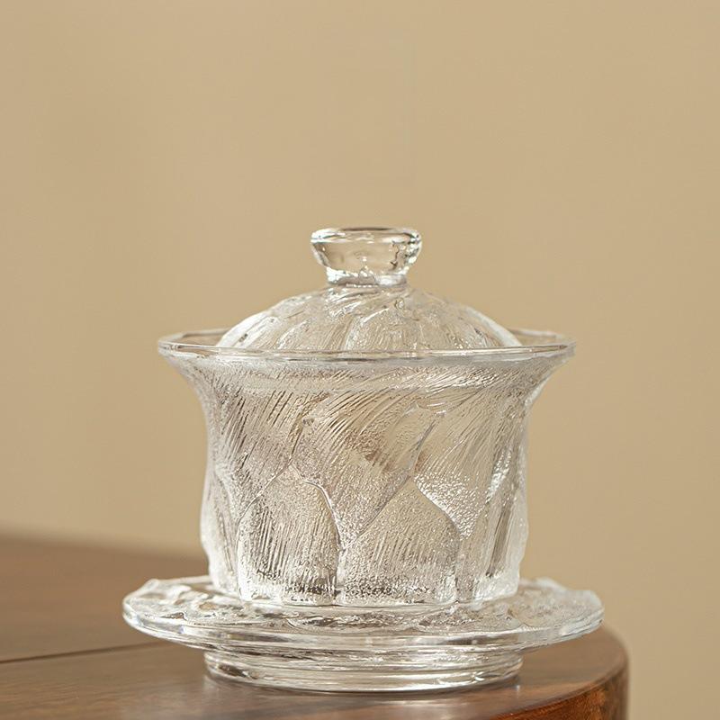 

Luxury Heat Resistant Crystal Glass Gongfu Tea Bowl Set with Lid Saucer Chinese Tea Ceremony Brewing Kit Home Use 150ml