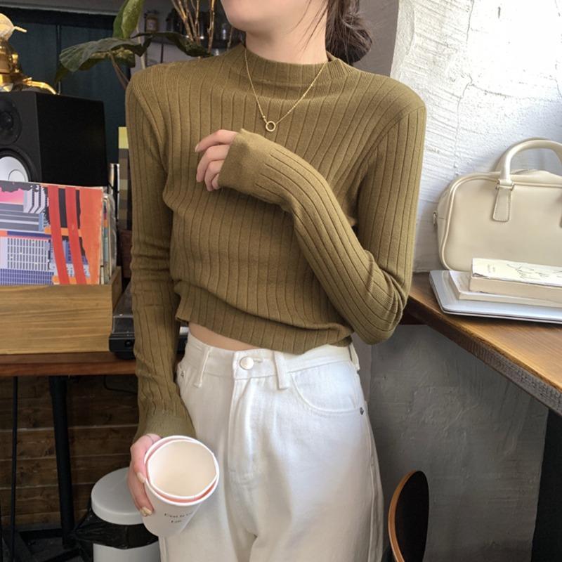 Spring High-end Slim-fit Short Inner Temperament Semi-turtleneck Long-sleeved Knitted Bottoming Shirt Women's Pit Strip Sweater