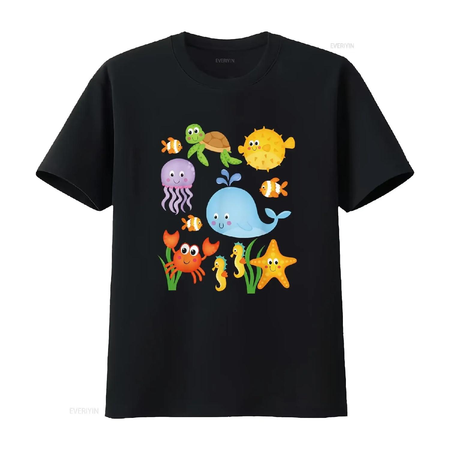 Sea Ocean Animals Whale Octopus Starfish Crab Kids Toddlers T Shirt vintage Washed Casual designer clothes fashion Breathable S чёрный
