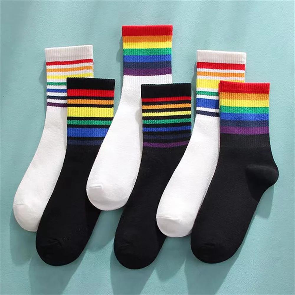 3 Pairs Rainbow Cotton Socks Women High Quality Cotton Socks Street Ins Fashion Stripe Stacked Mid Tube Sports Sokken