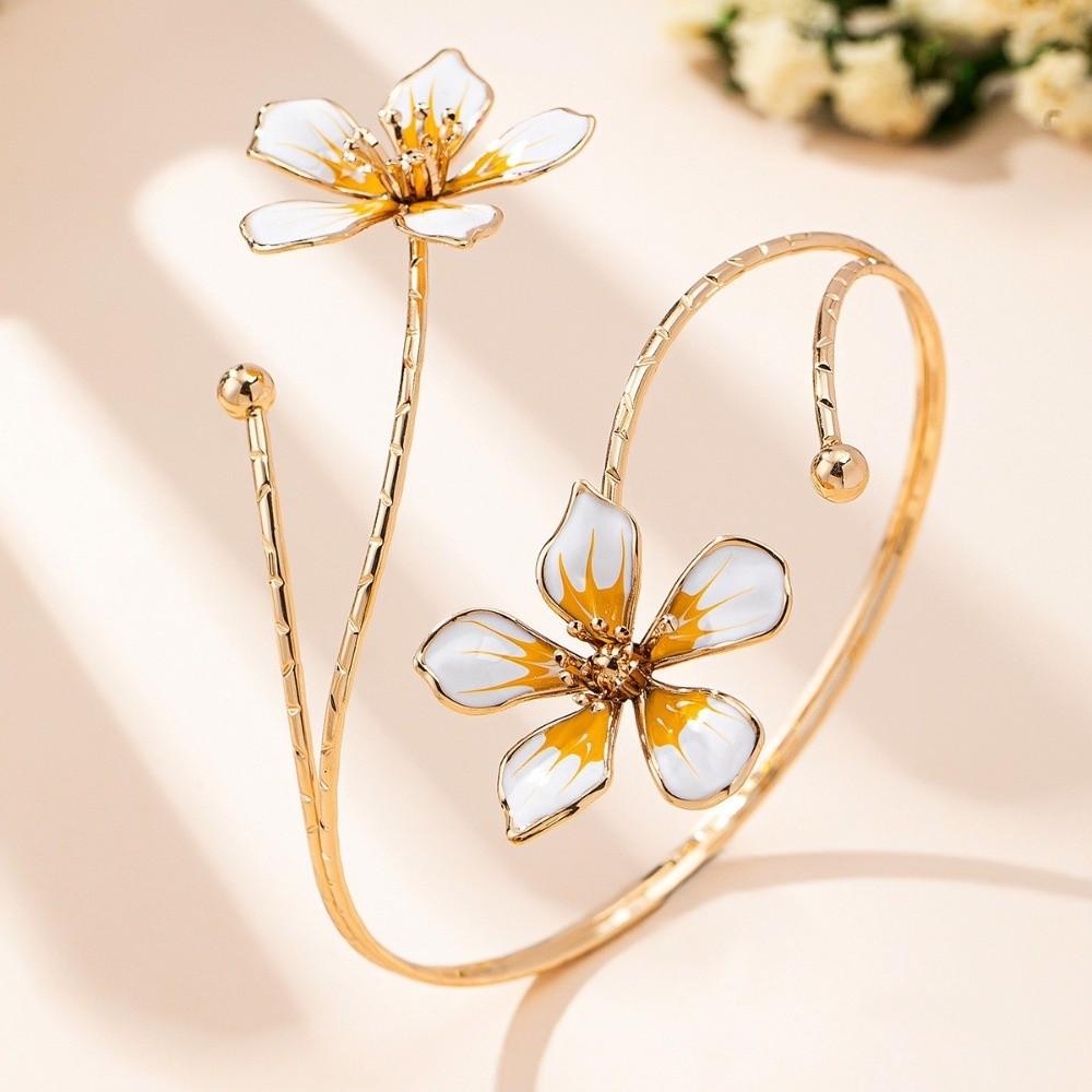 Adjustable Open Cuff Bracelets Enamel Drop Flower Floral Bangle Vintage Armlet