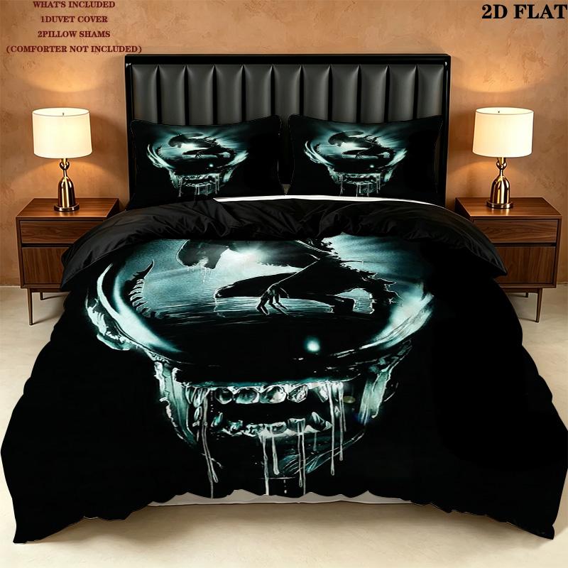 Alien Pattern Bedding Quilt Set Quilt Cover Pillowcase Home Birthday Gift(1 * duvet cover + 2 * pillowcase, without core)