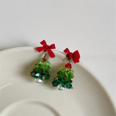 3D Christmas Tree Earrings with Red Bow - Heavy Beaded Crystal Ear Clips, Hand-Woven Holiday Accessories