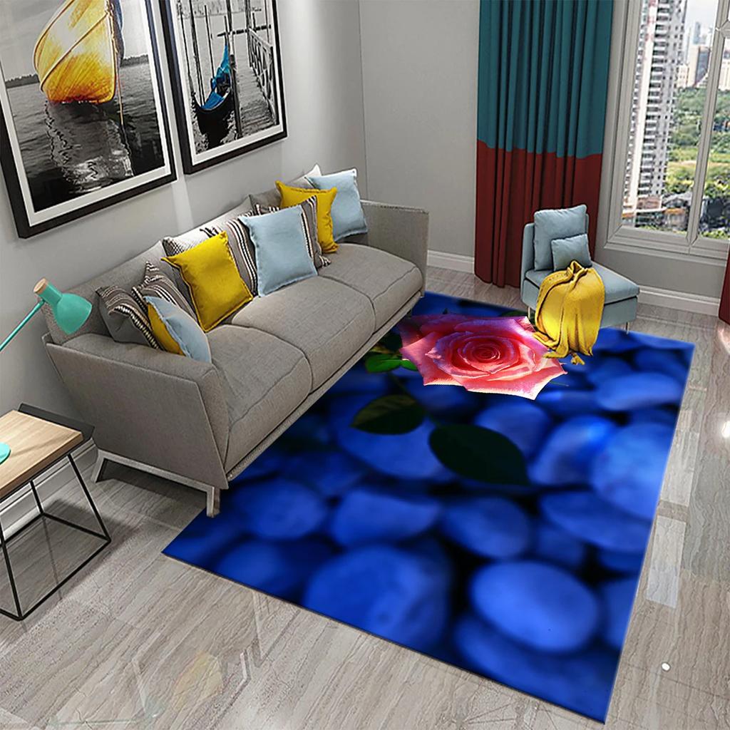 Blue Rose Rugs for Living Room Women Romantic Flower Carpet Soft Floor Mat Floral Rugs for Adults Bedroom Decorative Area Mats