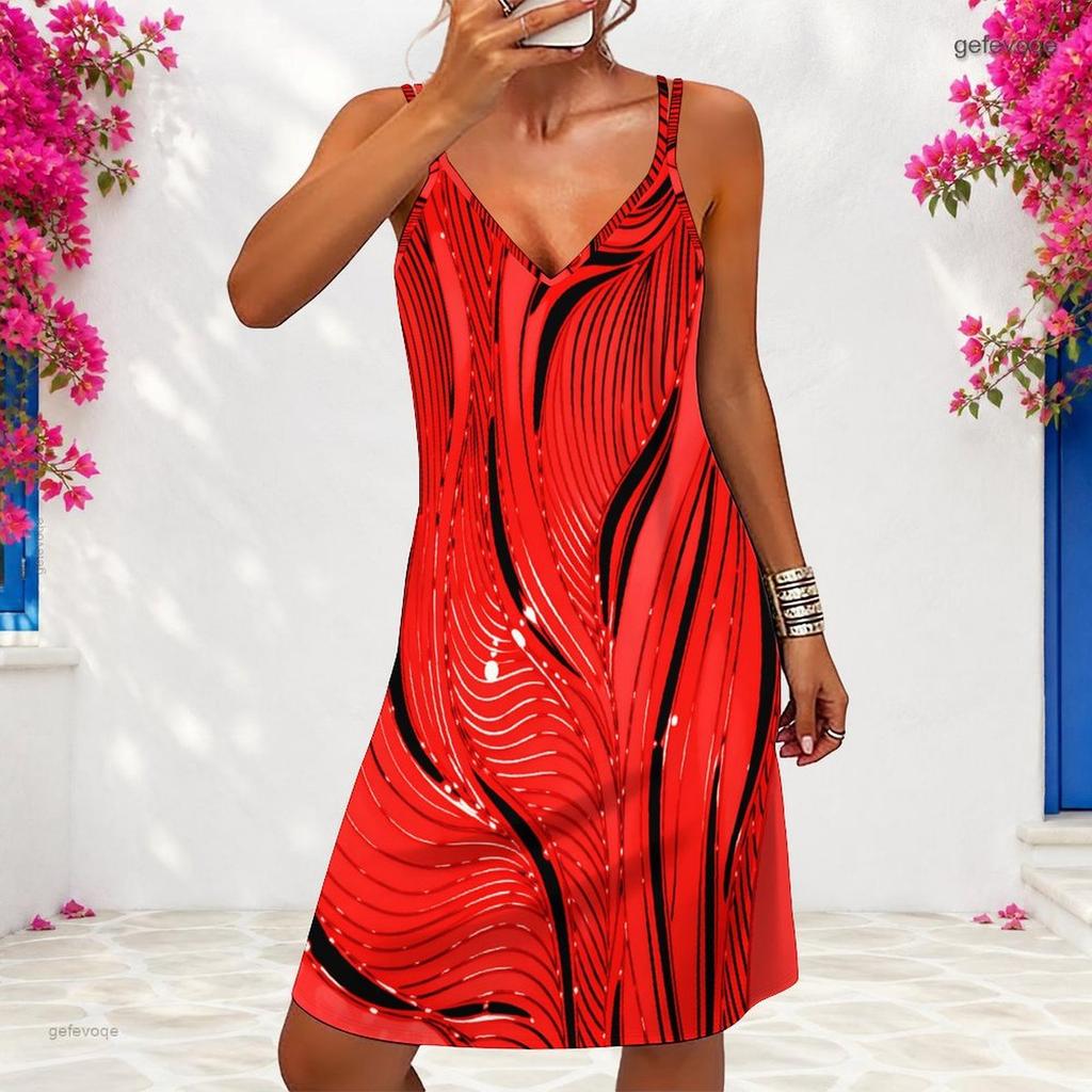 Women Plus Size V Neck Double Straps Sleeveless Black White Printed Curved Hem Mini Dress