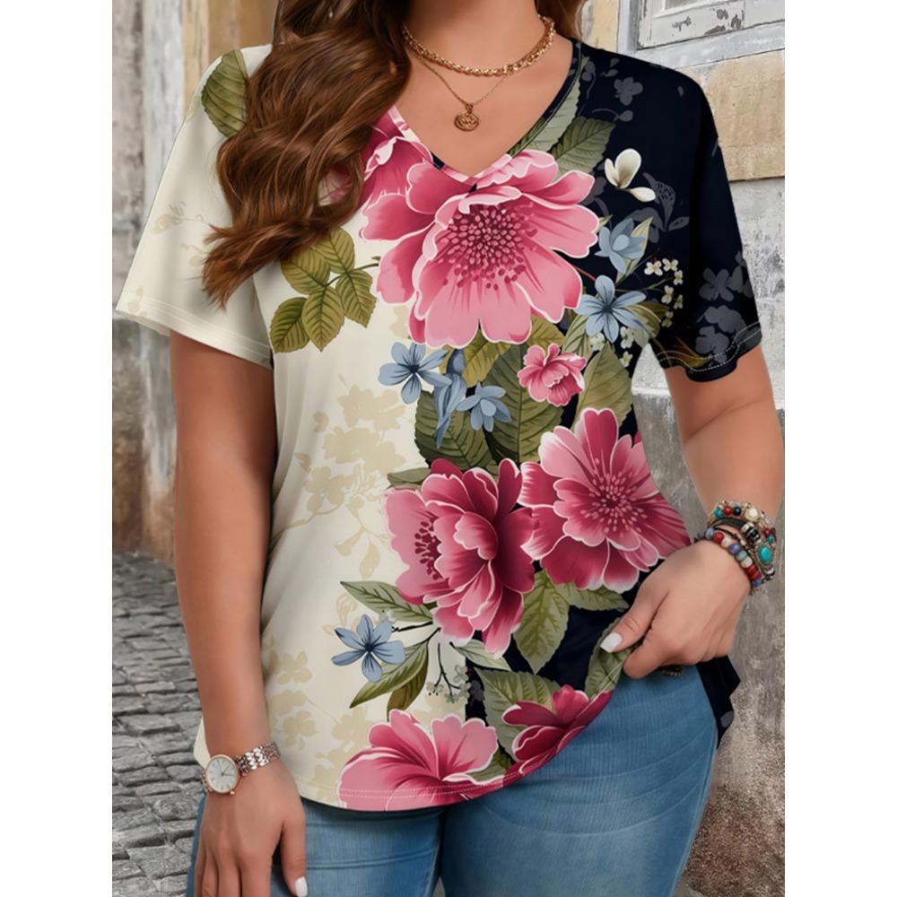 Elegant Floral V-Neck Women's Plus Size T-Shirt - Soft Casual Comfort Fit Short Sleeve Top