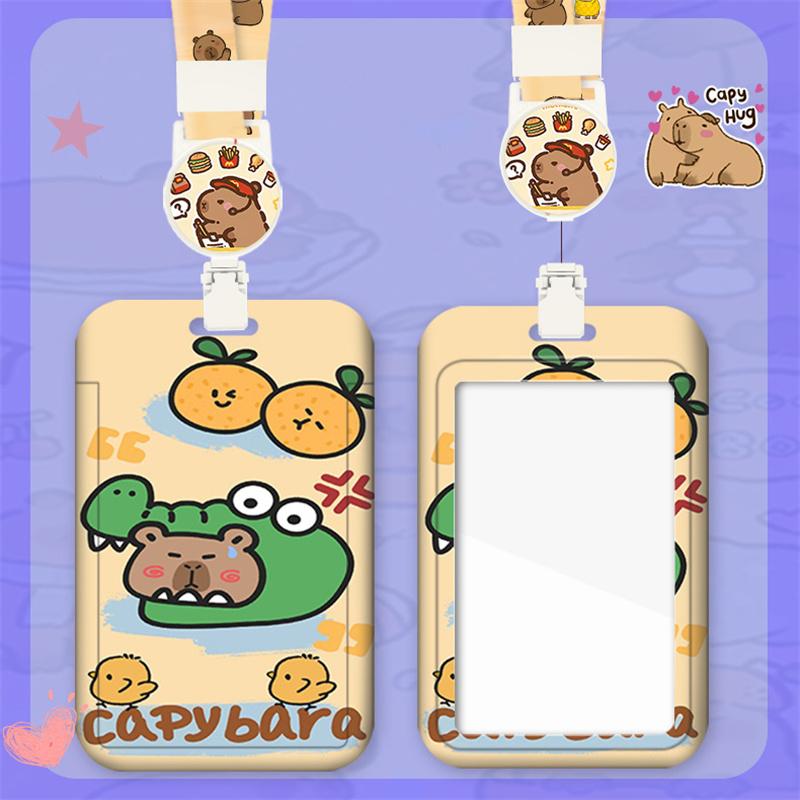 Capybara Cartoon Card Holder With Easy Pull Clip Retractable Neck Lanyard Student Card Work Card Traffic Card Holder