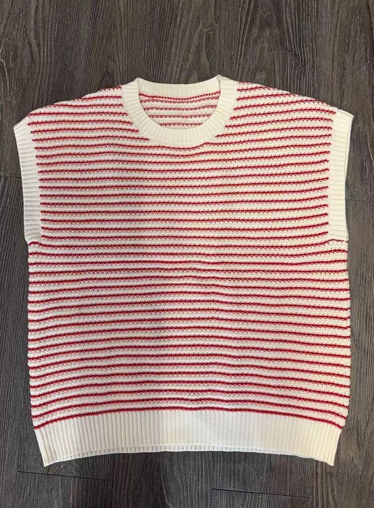 Women's Striped Knit Summer Top - Loose, Short-Sleeved, Round Neck, Casual Hollow Design Sweater