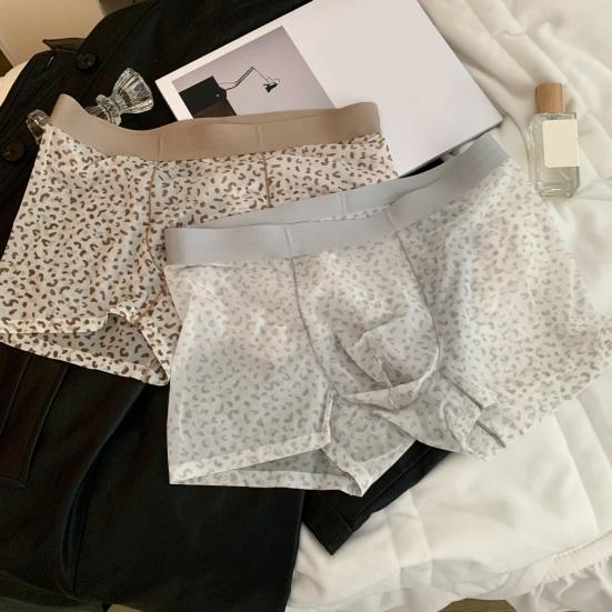 Boxer Underwear Elastic Mid-rise U-Convex Shorts Briefs Leopard Thin Perspective Print Sleeping Underwear Daily Wear