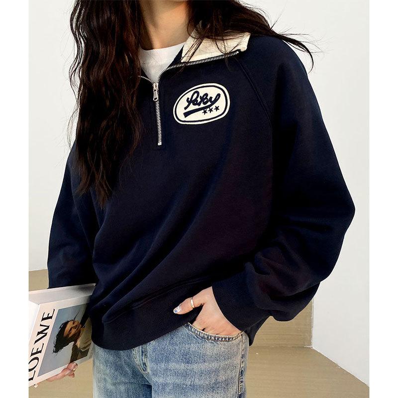 

Женский ретро свитшот 2025 с воротником поло на молнии - Маленький размер Весна/Осень Корейский свободный крой M (recommended for up to 110 jin) темно-синий