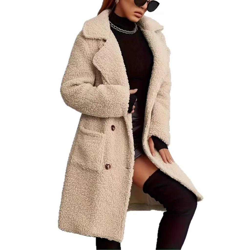 Cappotto da Donna Lunghezza Media in Lana d'Agnello Sintetica - Autunno/Inverno, Vestibilità Larga, Con Velluto Interno, Stile Europeo e Americano alla Moda