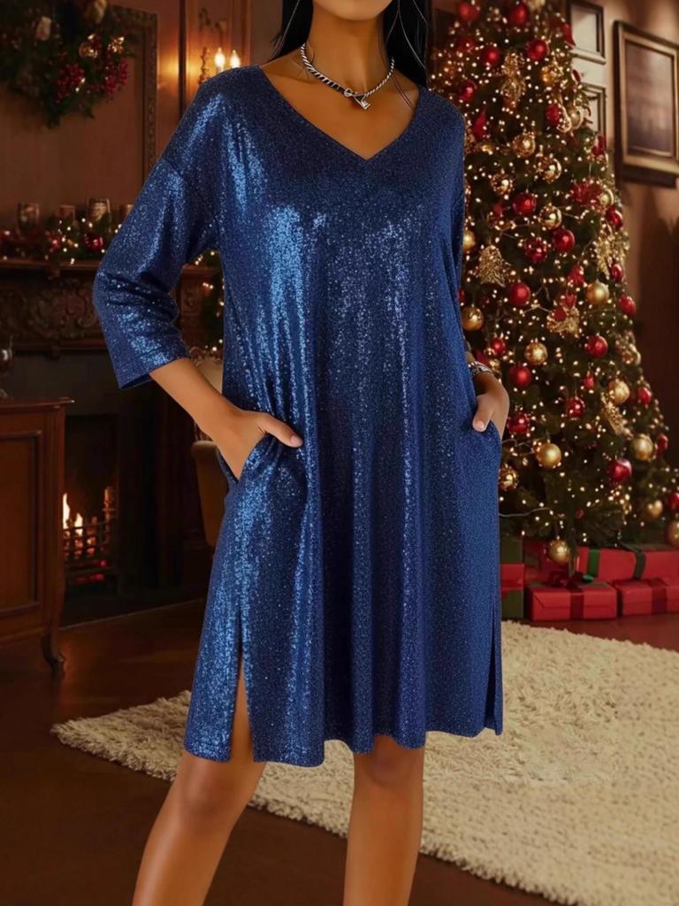 Vestido de Manga Nueve Puntos con Escote en V Holgado Estampado en Caliente con Dobladillo Dividido Transfronterizo 2025