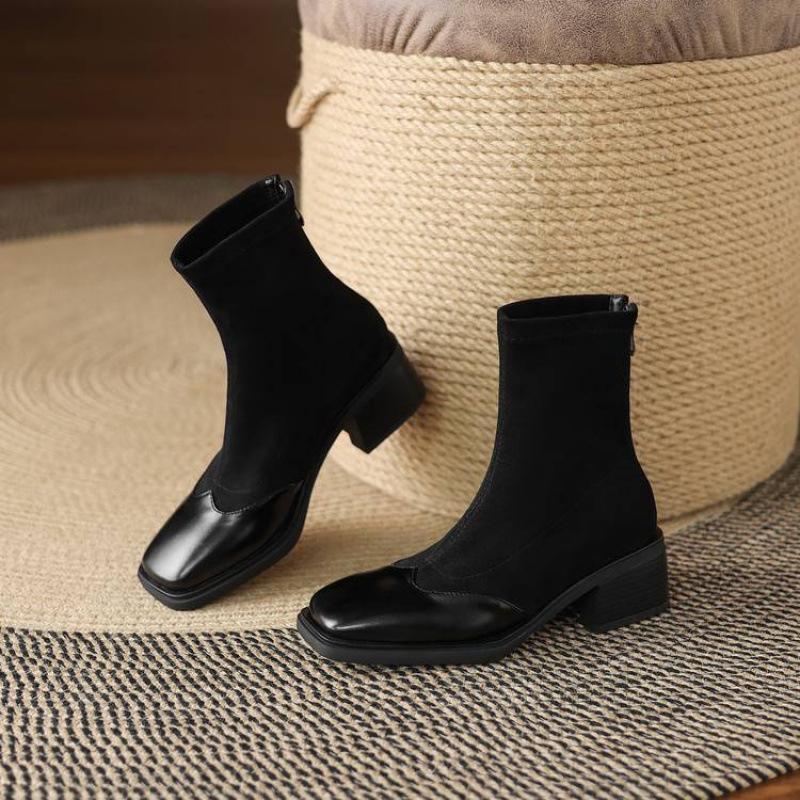 

Корейская версия эластичные замшевые полусапоги с квадратным носком однотонные на низком каблуке большого размера женские сапоги квадратный каблук удобная задняя молния ботинки Мартин б 39