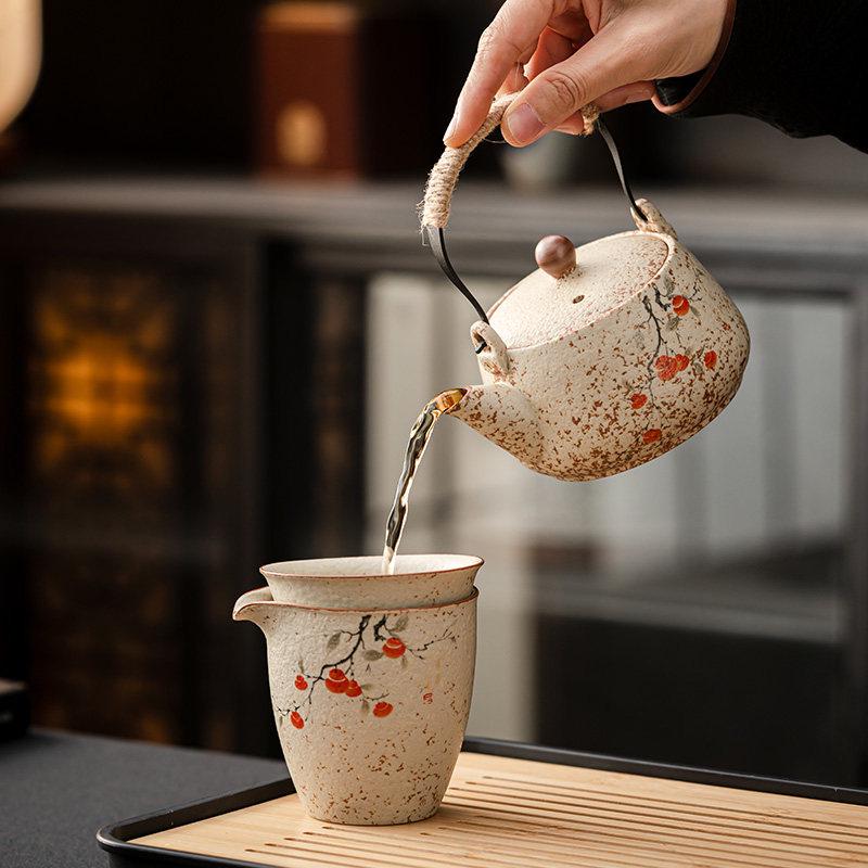 High-End Flint Red Gongfu Tea Set with Ceramic Kettle, Teacups, and Teaplatters