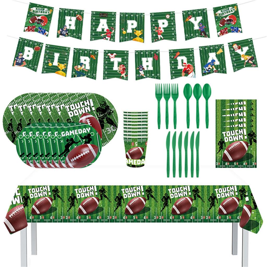 American Football Themed Birthday Party Decoration Kit, Including Atmosphere Banners, Disposable Tissues, Paper Cups, And Paper Plates