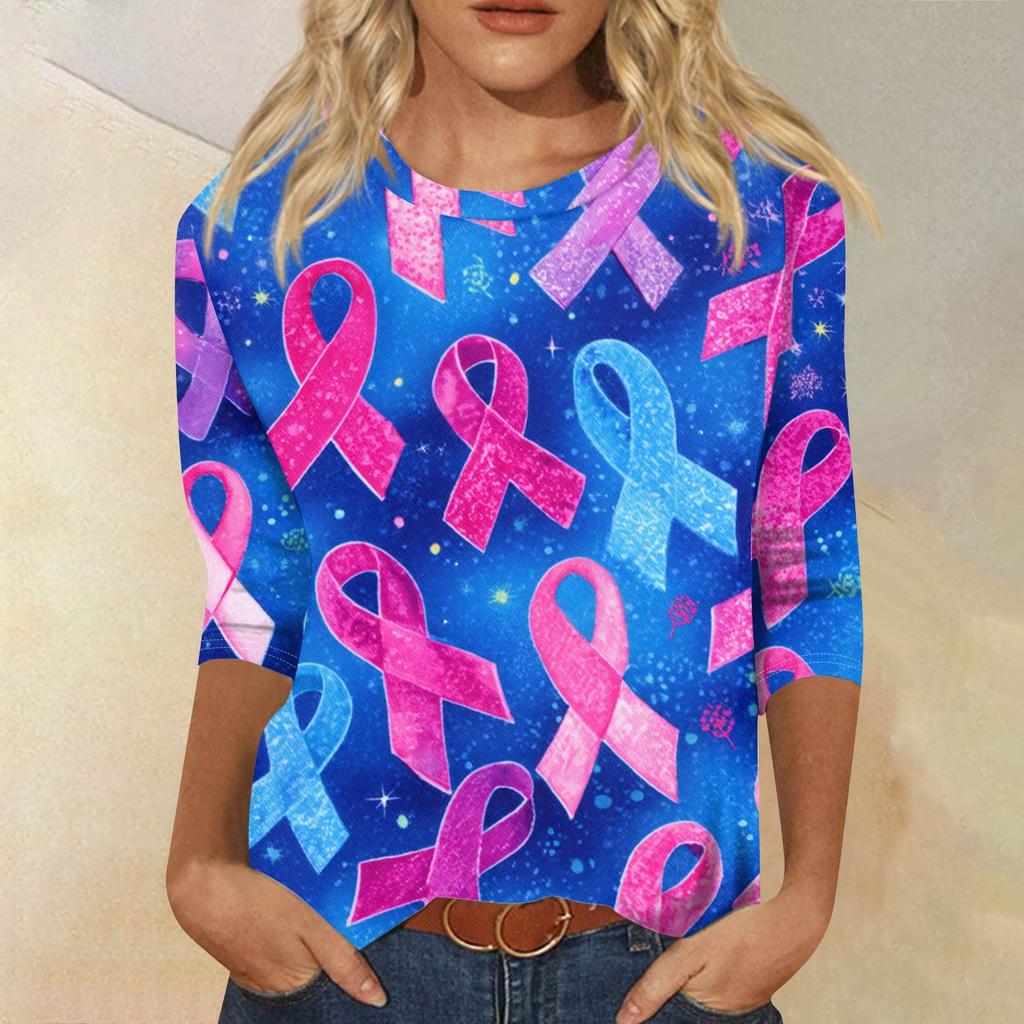 Dámské módní ležérní tričko s potiskem, kulatým výstřihem a sedmidílným rukávem, volného střihu