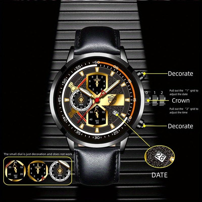 2PCS Set DEYROS Luxury Men's Watch Luxury Men's Leather Strap Calendar Watch Casual Men's Quartz Watch&Bracelet Father's Day Gift