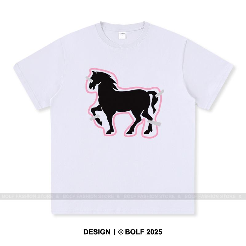 Women's Paper-Cut Art Horse Printed T-Shirt 100% Cotton Oversized Folk Graphic Tees for Men Summer Tops Cultural Streetwear