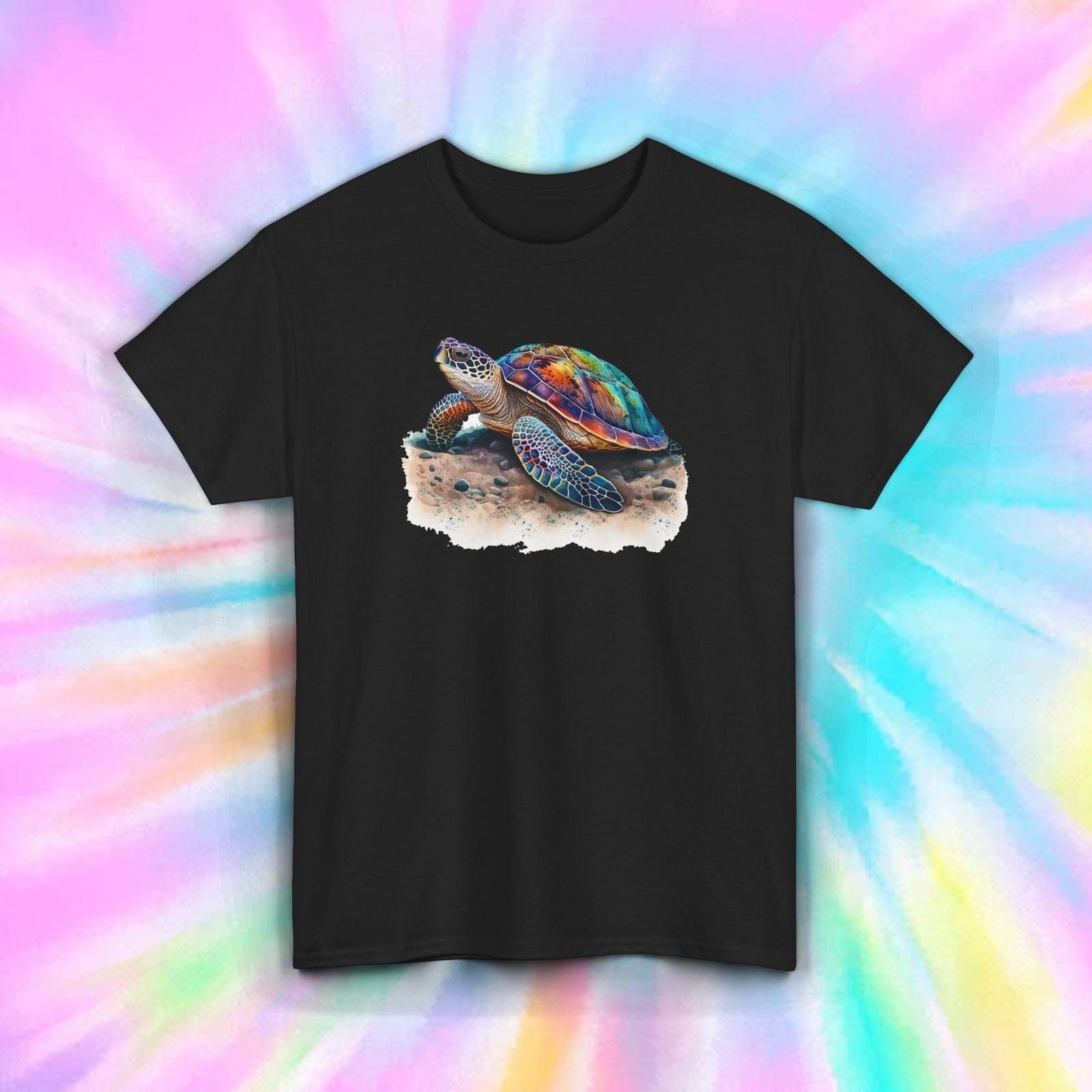 Sea Turtle on Sand T-Shirt Colorful Beach Ocean Animal Graphic Tee S-5XL XXXXL