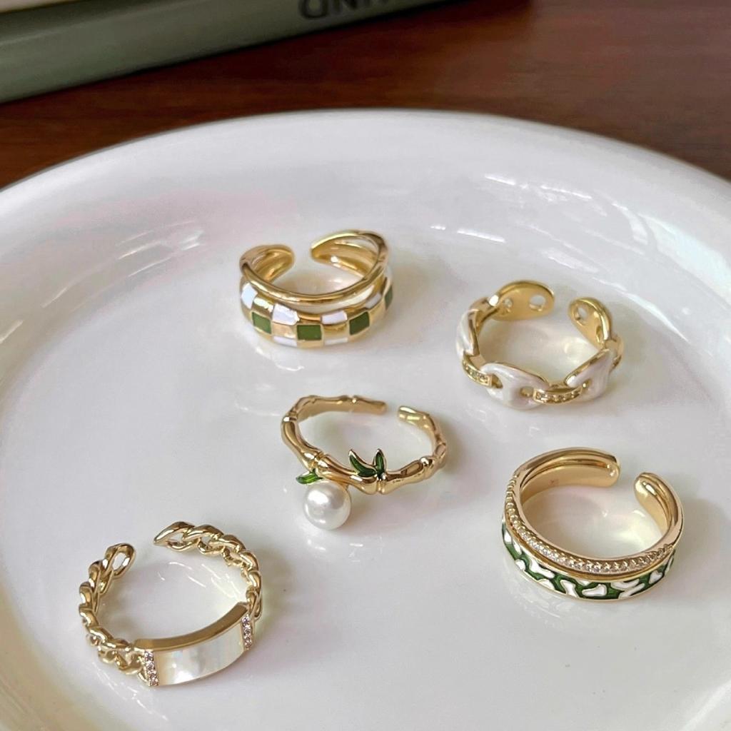 Design Green Enamel Bamboo Pearl Ring Women's Unique Foreign Style Ring Open Index Finger Ring