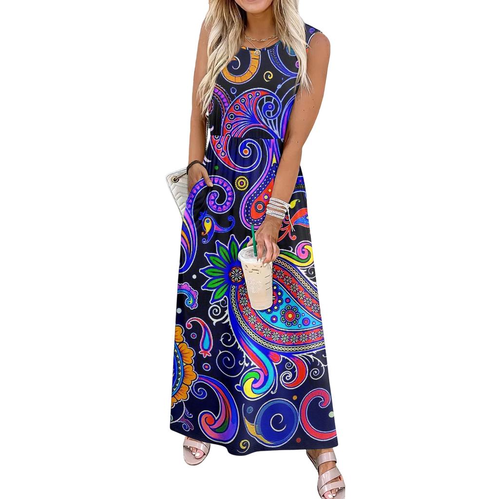 Ladies' Floral Print Casual And Fashionable Waist Cinched Sleeveless Dress
