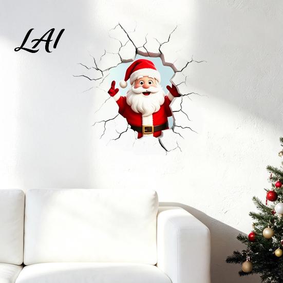 Realistic Christmas Glass Clings 3D Santa Claus Wall Sticker Breaking Decal for Holiday Decoration Easy to Apply Window Stickers Waterproof PVC Art