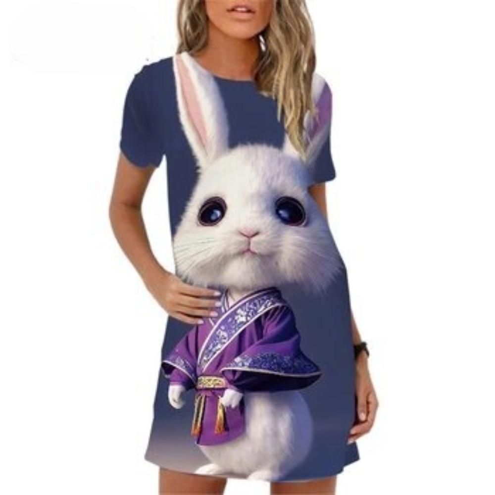 Fashion Summer Cute Dresses Women Elegant Short Sleeve 3D Print Loose Casual Round Neck Oversized Dress