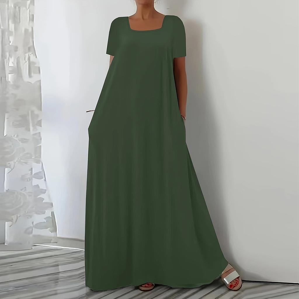 Women's Loose Fit Short Sleeve Square Neck Dress Plus Size Color Casual Summer Wear