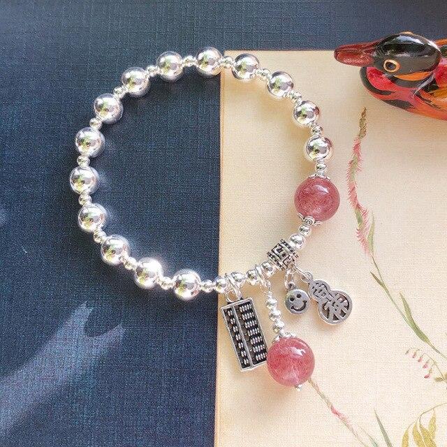 Qmcoco 925 Silver Bracelet Simple Sweet Bracelet Lady Smile Face Abacus Lucky Cat Strawberry Crystal Bracelet Party Jewelry Gift
