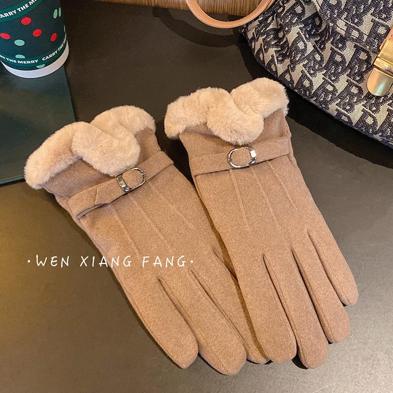 Suede Gloves Autumn and Winter Women's Cute Korean Version Plus Velvet Thickened Warm Five Finger Gloves for Students To Prevent Cold Riding Tide