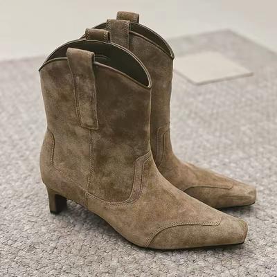 Korean Version of Niche Suede Face Square Head Middle Heel Thin Boots Women's 2025 Autumn and Winter Velvet Western Cowboy Boots Short Boots