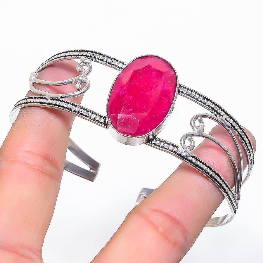Ruby(Simulated) Gemstone 925 Sterling Silver Cuff Bangle Adjustable d8J86