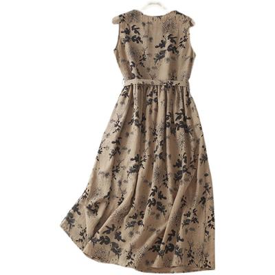 Summer Vintage Loose Print Round Neck Sleeveless Dress for Women Waist In Mid-length