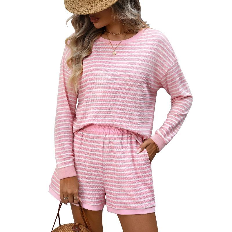 Fall/Winter New Style Women s Round-neck Patchwork Long-Sleeved Short Pants Fashion Casual Two-Piece Set S