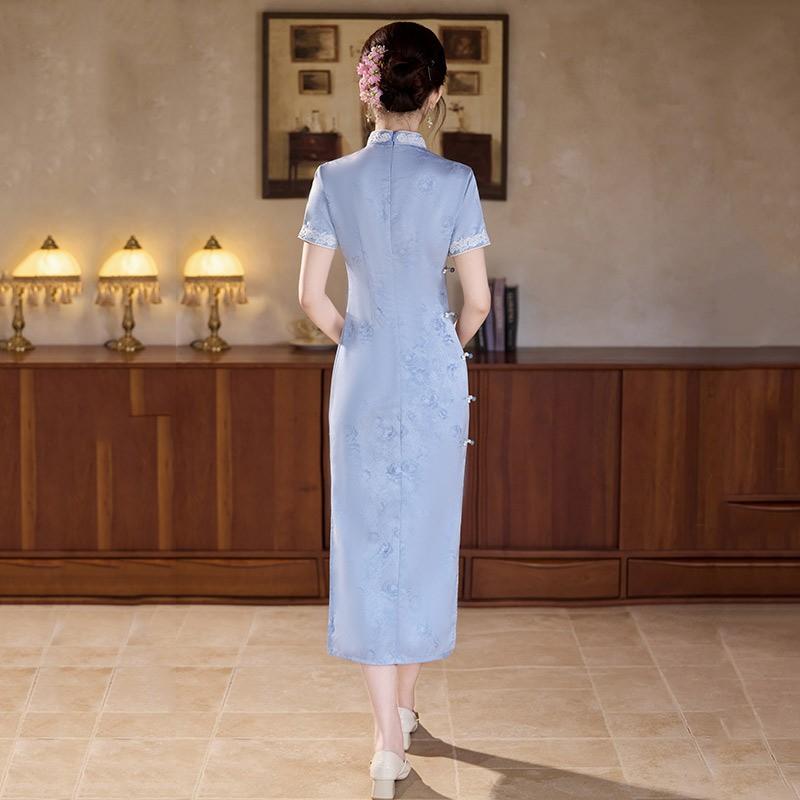 Light Blue Chinese-Inspired Long Cheongsam Dress Women Vintage Fit Short Sleeve Stand Collar Design