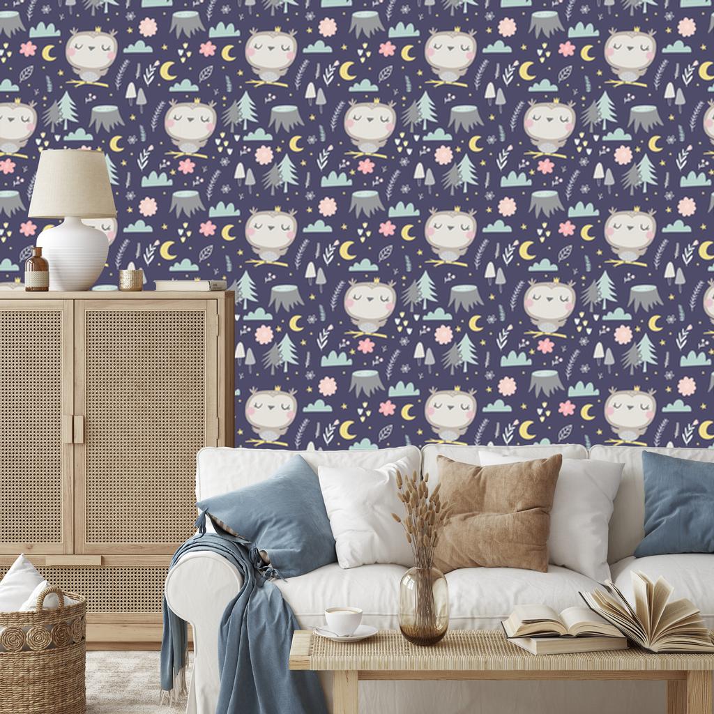 Owls Clouds Moons Wallpaper for Living Room and Bedroom 50x1000