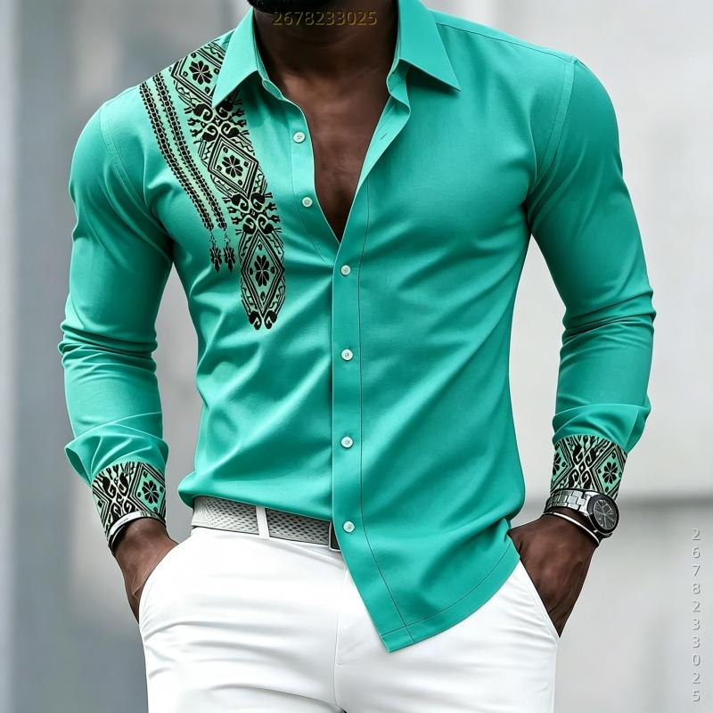 Men's High-quality Personalized Geometric Printed Long Sleeved Shirt with White Collar Shirt, Trendy Casual Men's Clothing