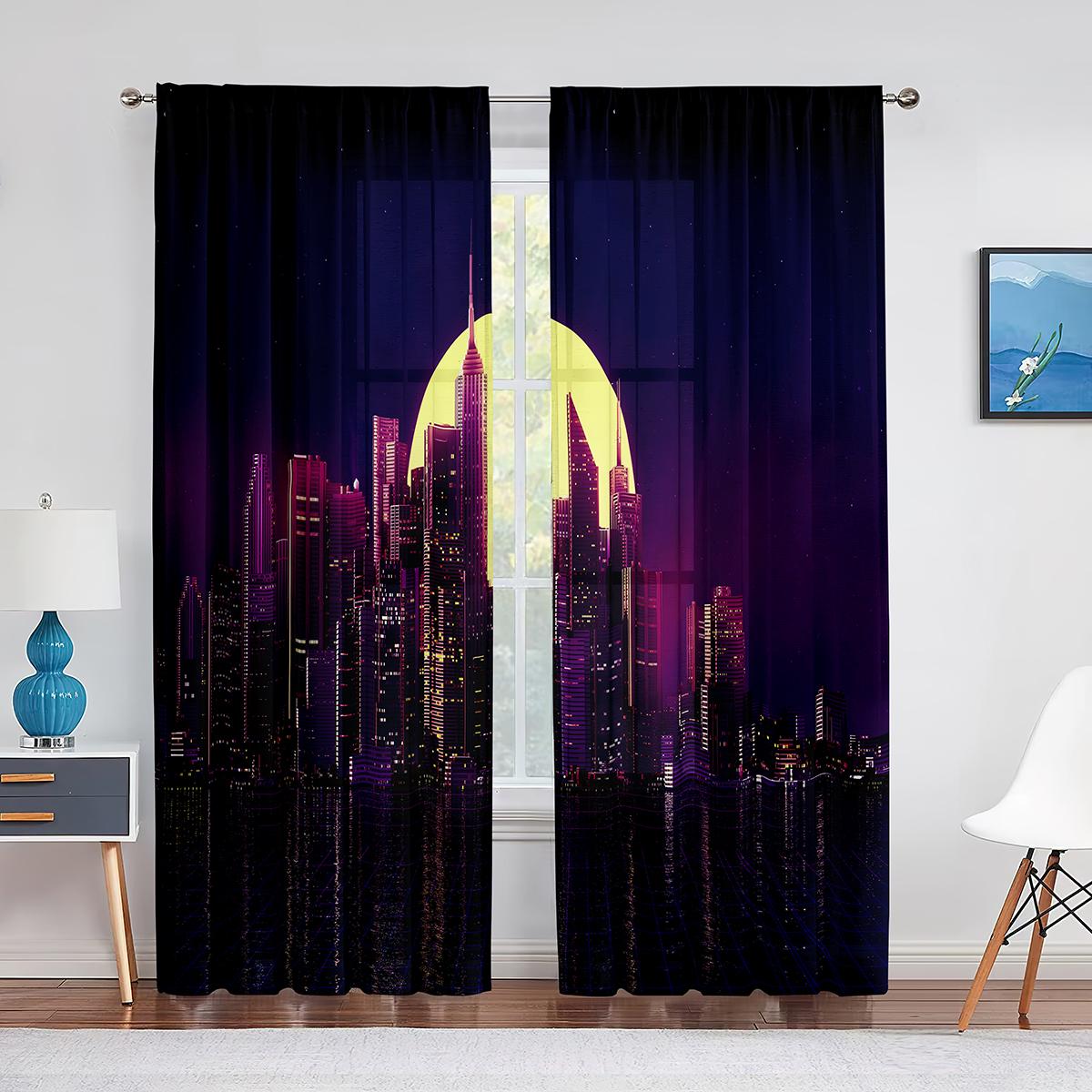 Ночной городской пейзаж Фиолетовый неоновый прозрачный занавес для гостиной Спальня Вуаль — фото 12
