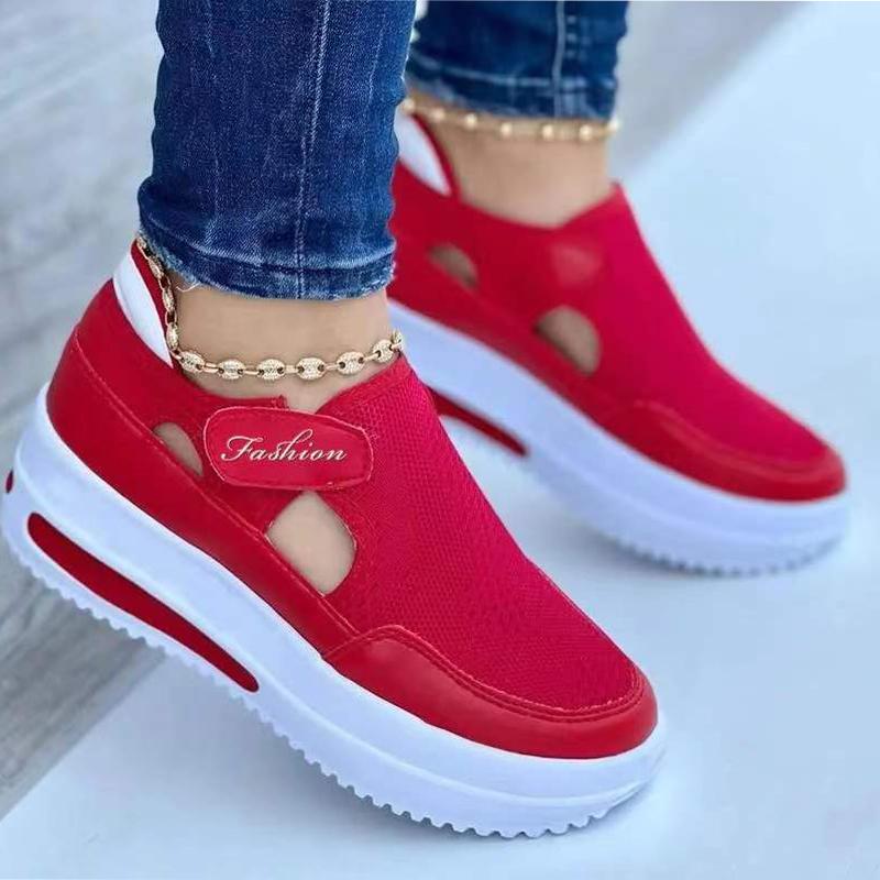 

Модные женские кроссовки 2025 Дышащие кроссовки на платформе Женские повседневные клинья Вязаная спортивная обувь Женская обувь 43 красный