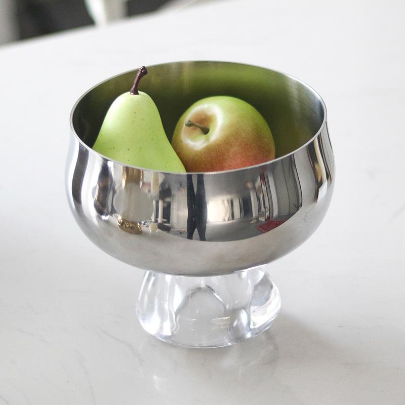 Metal Pallet Stainless Steel Fruit Bowl Transparent Base High-legged Fruit Platter Desktop Storage Container Kitchen Organizer