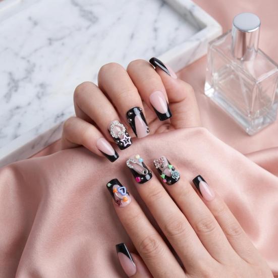 False Nails with Jelly Glue Heart Star Pattern Removable Artificial Nails Non-irritating Easy Apply Nail Art Stickers