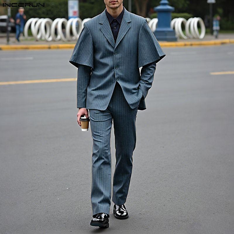INCERUN Men Sets Layers Long Sleeve Striped Tops and Long Pants Casual Suits