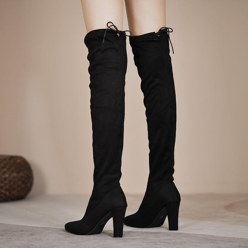 Autumn and winter new large-size women's shoes elastic over-the-knee boots high tube pointed thick heel heightening shoes women