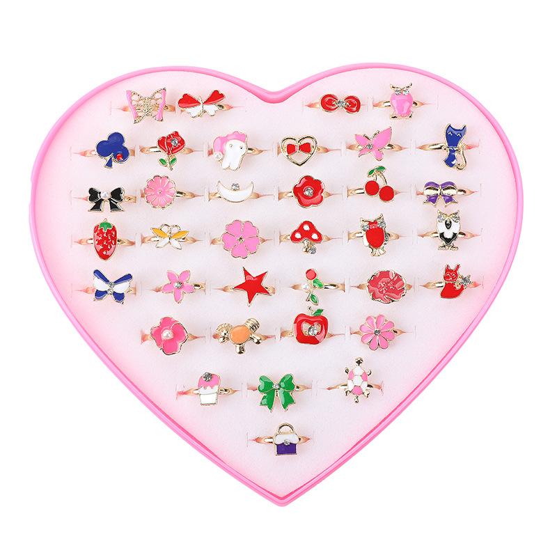6/12/36pcs Cute Adjustable Rings for Pretend Play Makeup Toys for Girls Cartoon Crystal Jewelry Alloy Rings Gifts for Girls