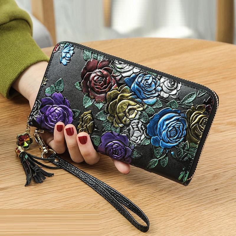 

Женские кошельки RFID из натуральной кожи, кошелек для монет с цветочным узором, большой женский кожаный кошелек-клатч из коровьей кожи