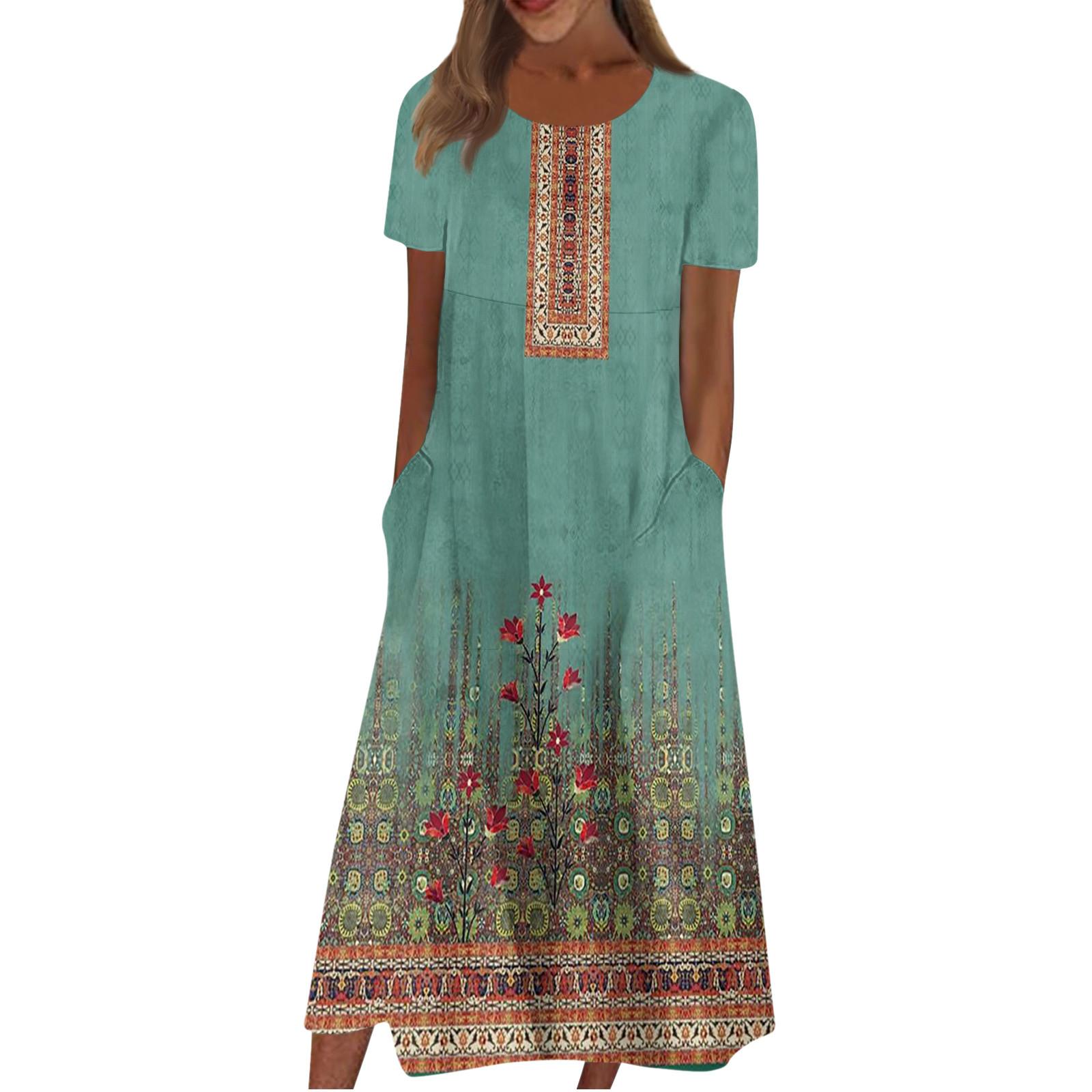 Жен. Повседневные платья Платья с принтами Летние платья С принтами Плиссированные платья-миди с круглым вырезом Классический Классический На открытом воздухе Повседневные С короткими рукавами Свободные платья L