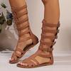 Fashion 2025 Summer New Plus Size Women's High Shaft Open-Toe Roman Flat Sandals with Back Zipper Buckle Cut-Out Design Casual Fashion