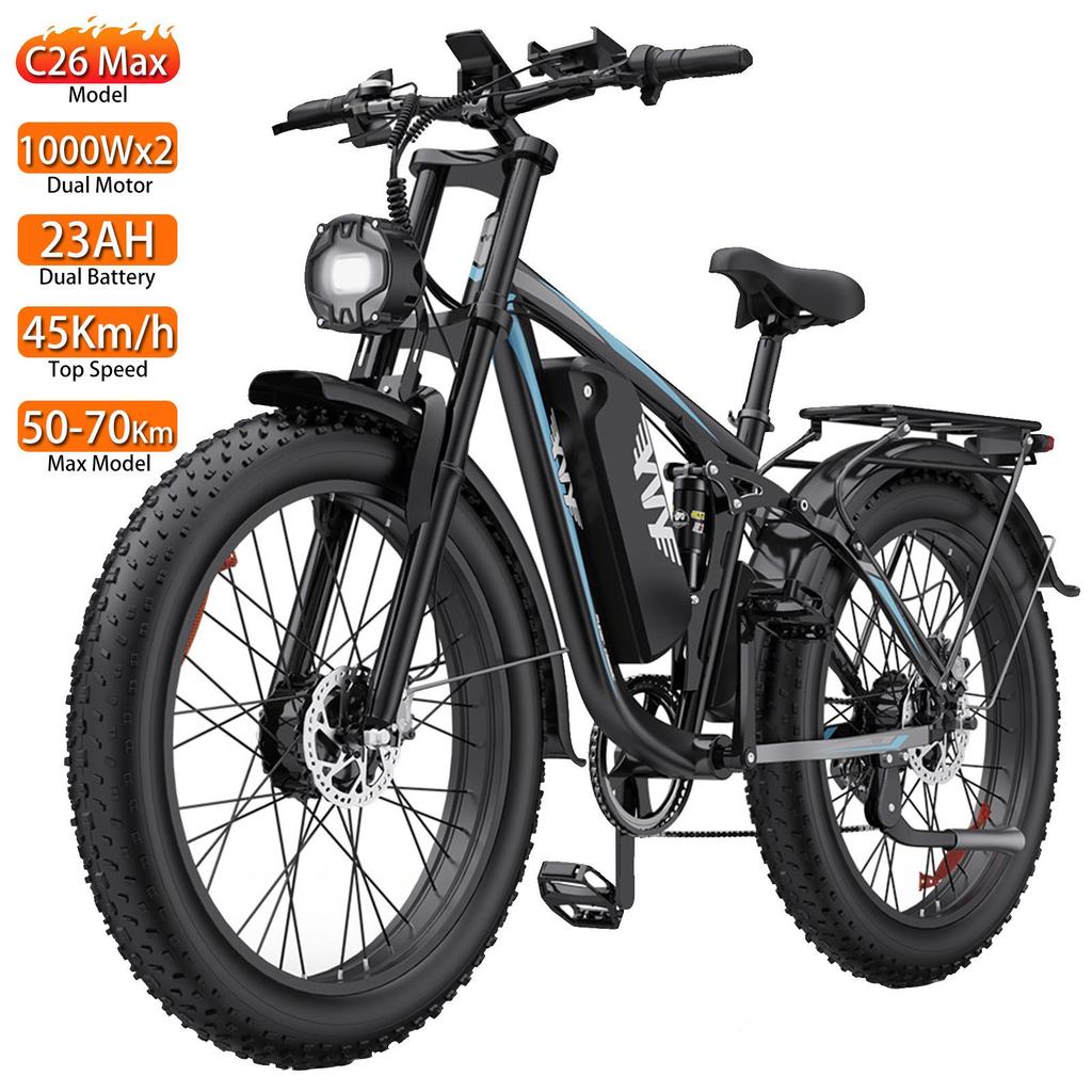 Electric Bicycle Yvy C26 Max 26" Fat Tire 1000Wx2 Motor Fully Suspended Adult Electric Bike 48V 23AH Shimano 7 Speed Max Load 150Kg