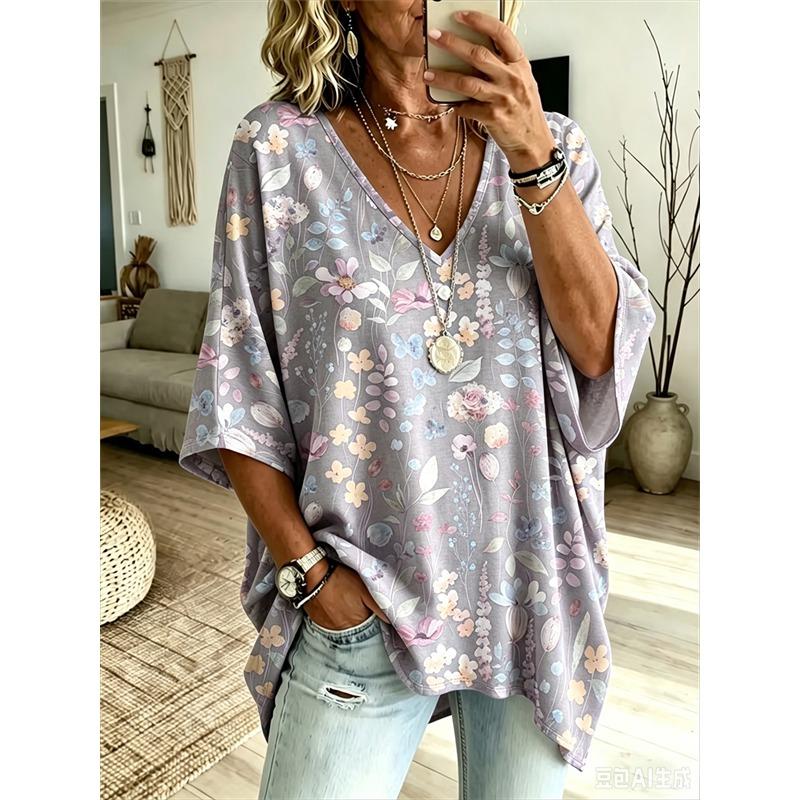 Plus-Size Women's V-Neck Batwing Sleeve T-Shirt Bohemian Ethnic Print Loose Top Summer Comfortable Breathable Daily Commute Casual Slimming Style